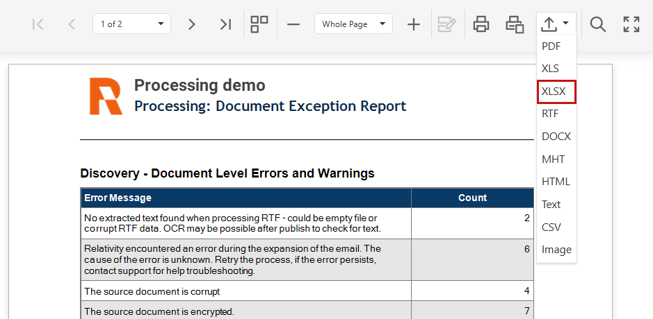The export option in reports. You can export the report in a number of formats including csv and xlsx.
