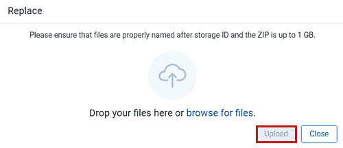 The mass replacement modal where you can drop or browse for files you want to replace.