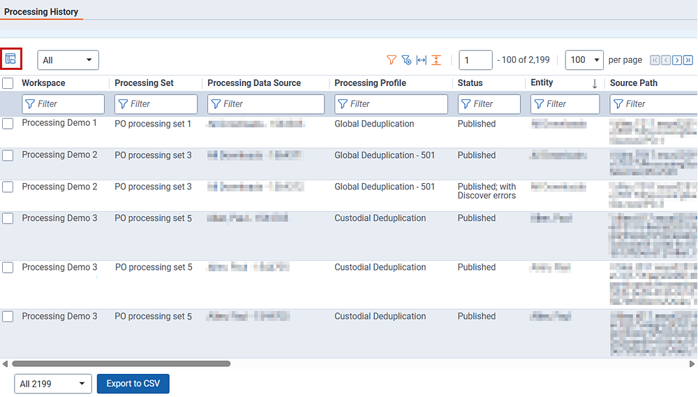 The processing history tab showing the all records view.