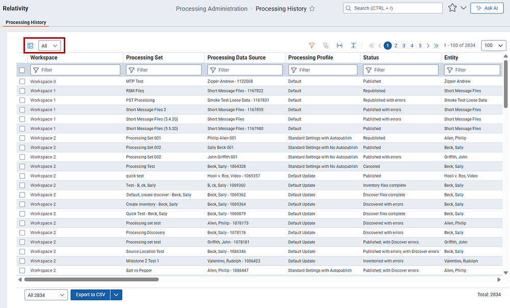 The Processing History screen showing the all files view.