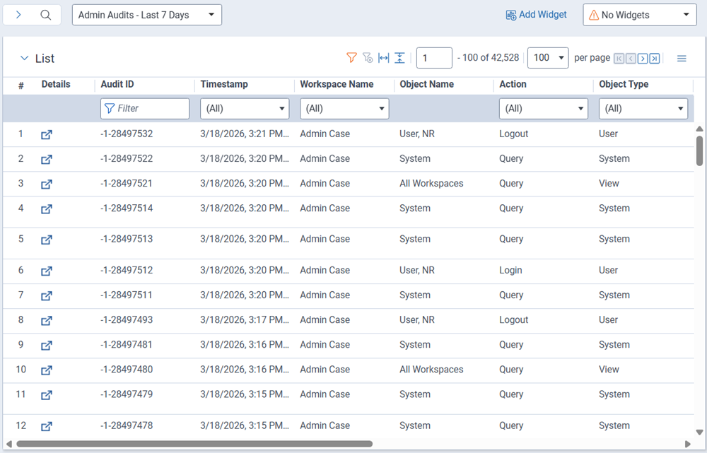The audit tab show a list of workspace and user activity.