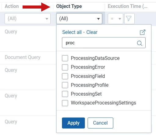 A drop-down menu displaying object type options for processing.