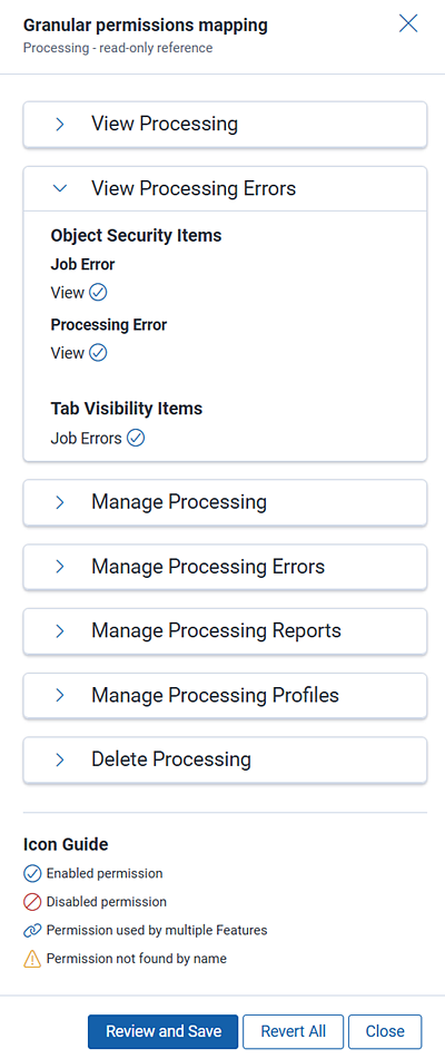 Granular options expose the funcationality for each permission. For example, view or disabled.