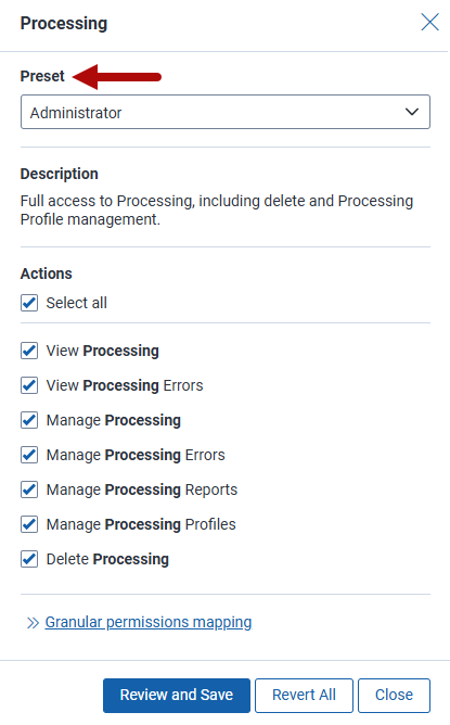 Feature permissions modal showing preset otpions and selected actions.