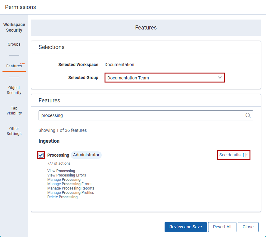 The permissions features screen showing the processing permissions selected.