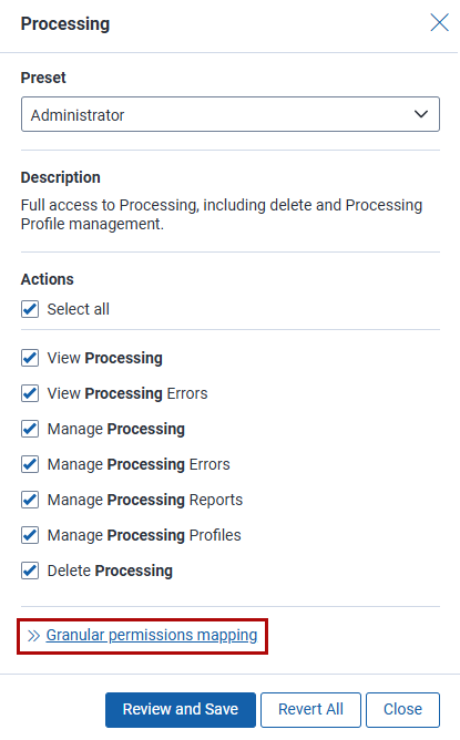 The permissions view details modal showing the view granular details options.