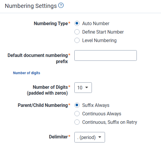 Numbering settings