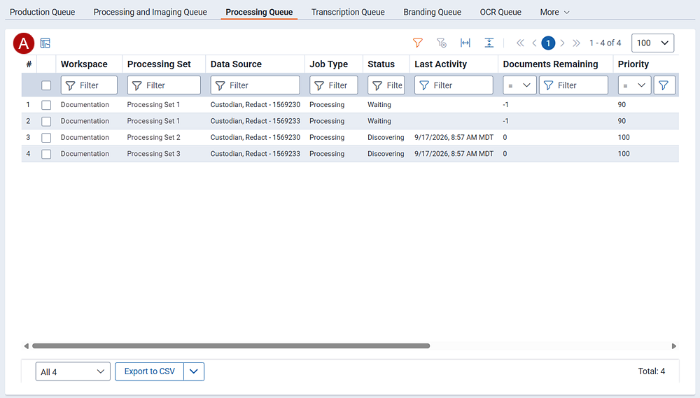 Manage processing jobs from the Processing Queue screen in the Admin section.