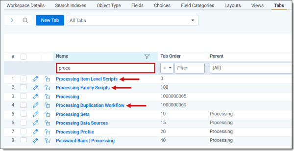 The tabs view showing a filter narrowing down the results to just processing tabs.