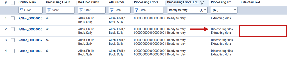 Document list showing file exceptions where there is no extracted text.