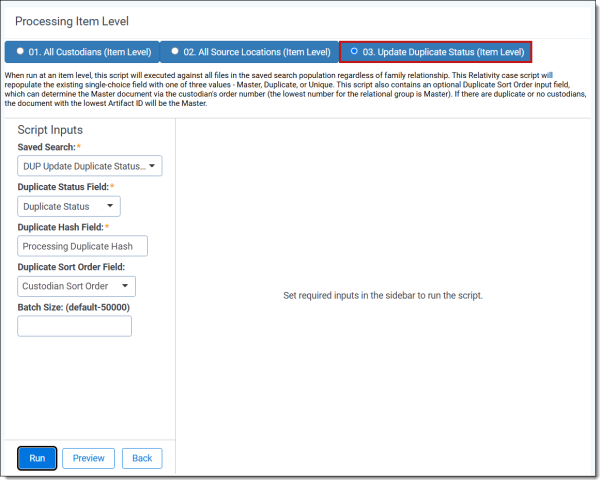 The landing page for the update item-level deuplication status script.