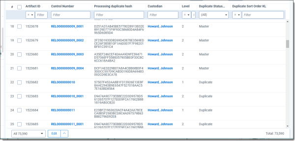 Saved search view of documents updated by the update duplicate status family-level script.