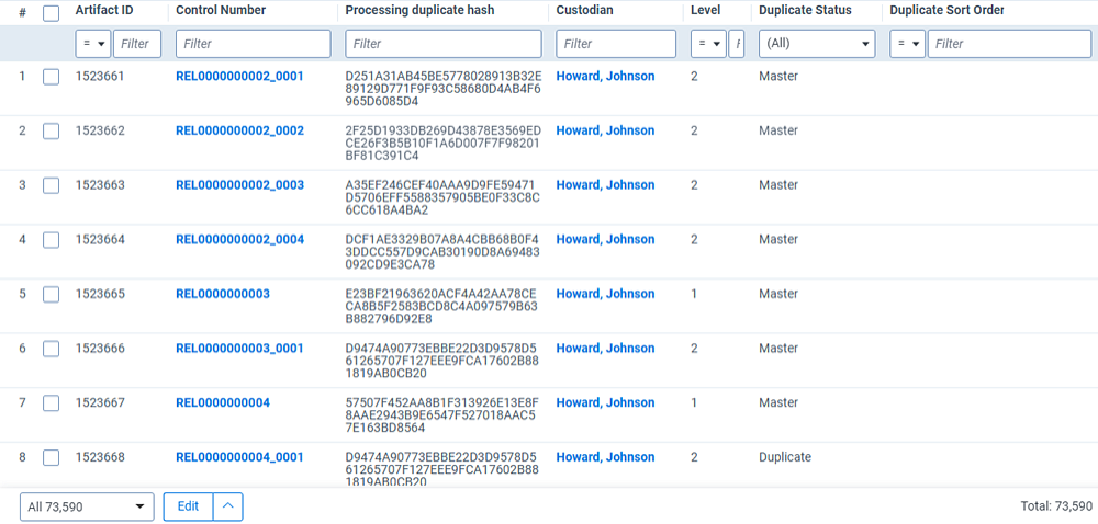 Saved search view of documents updated by the update duplicate status item-level script.