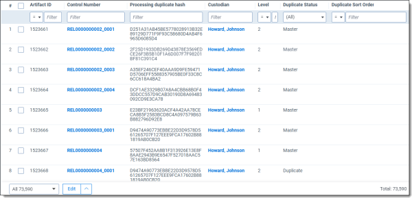 Saved search view of documents updated by the update duplicate status item-level script.