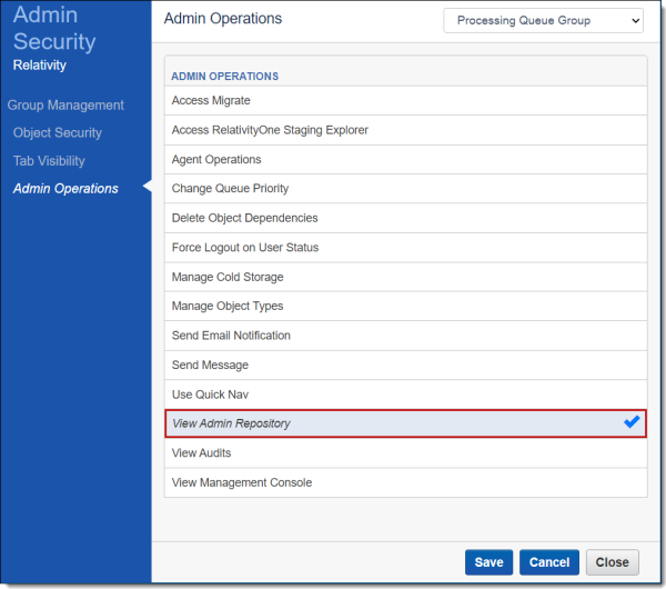 Admin security window for View admin repository permission