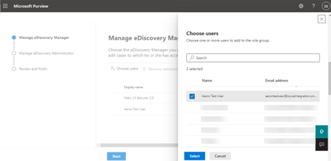 Choose users for the eDiscovery Managers