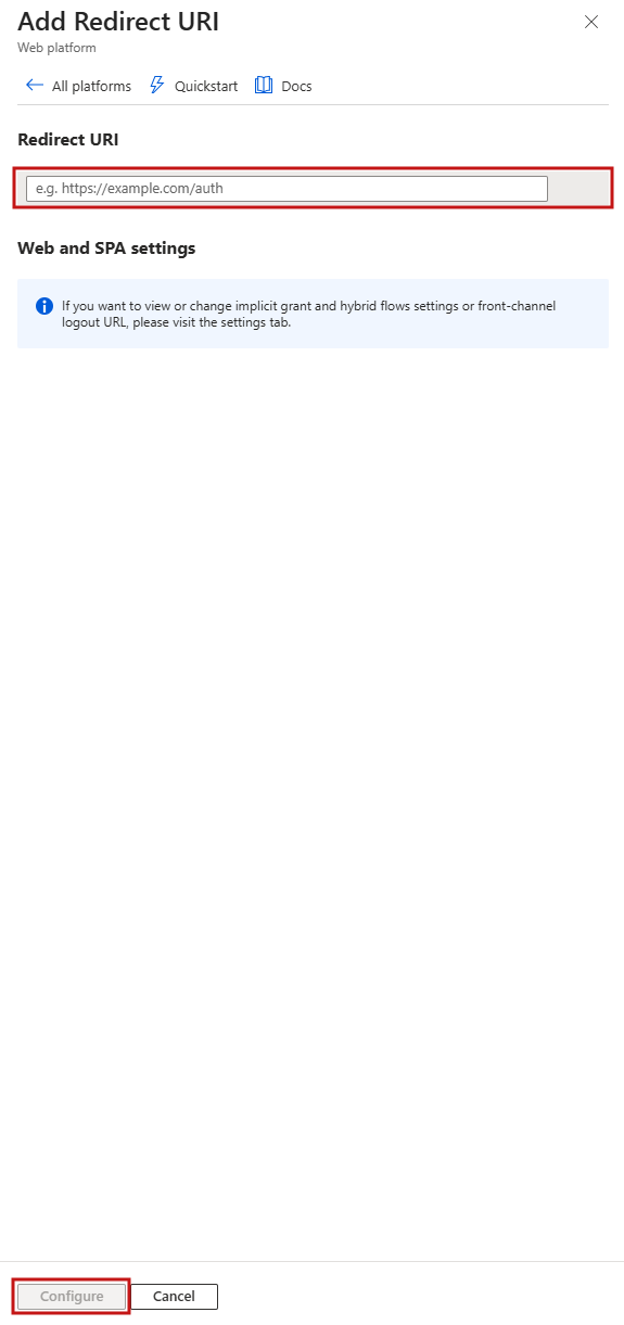 Click to expand. The Redirect URI field and Configure button.