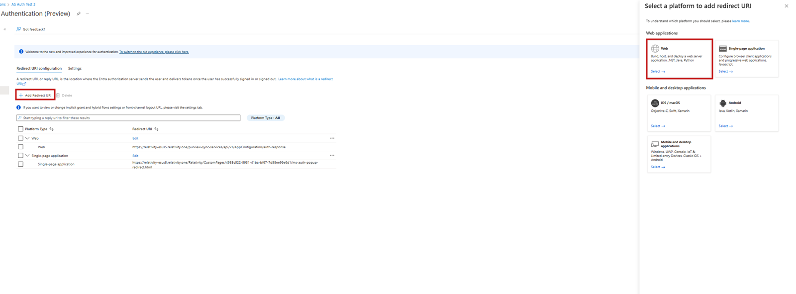 Click to expand. The Web box and Add Redirect URI link.