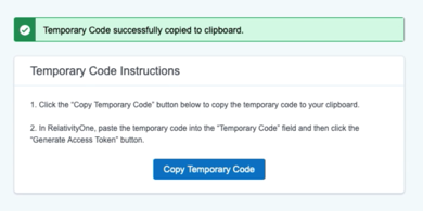 Temporary Code Instructions screen with Copy Temporary Code button.
