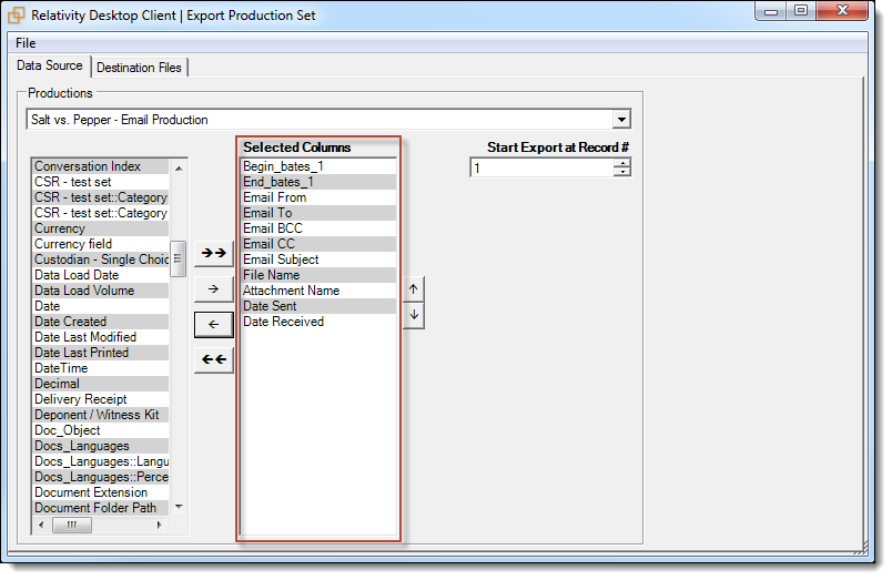 Selected Columns section within Export Production Set window