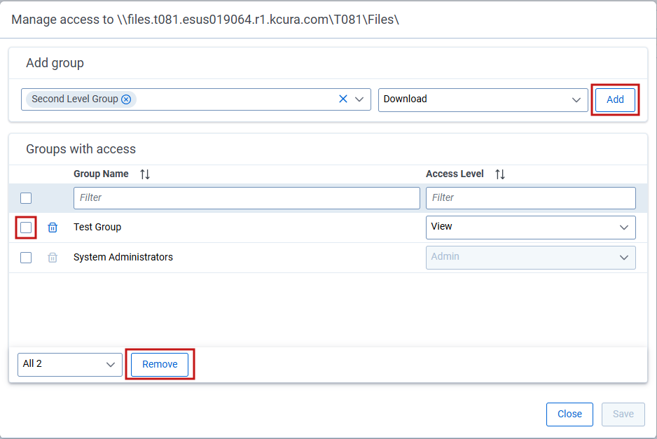 Adding groups to a file share access list.
