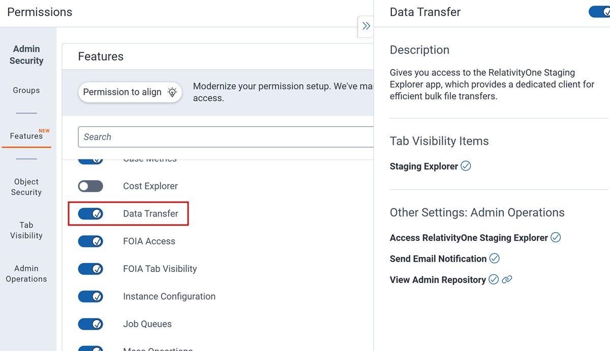 Data Transfer permission toggle in Features tab.
