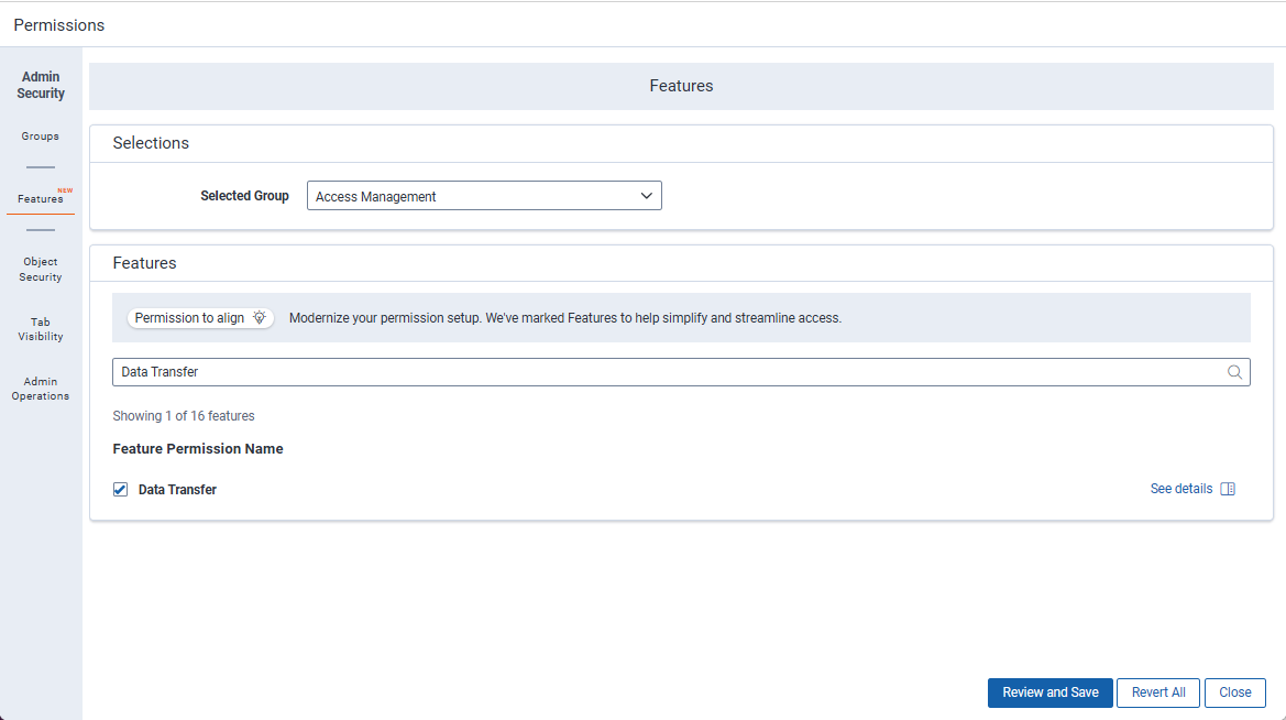 Enabling Data Transfer permission for a group.