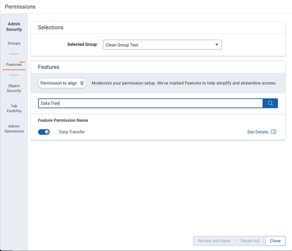 Enabling Data Transfer permission for a group.