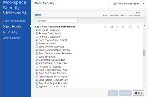 The Legal Hold application permissions in the permissions wizard.