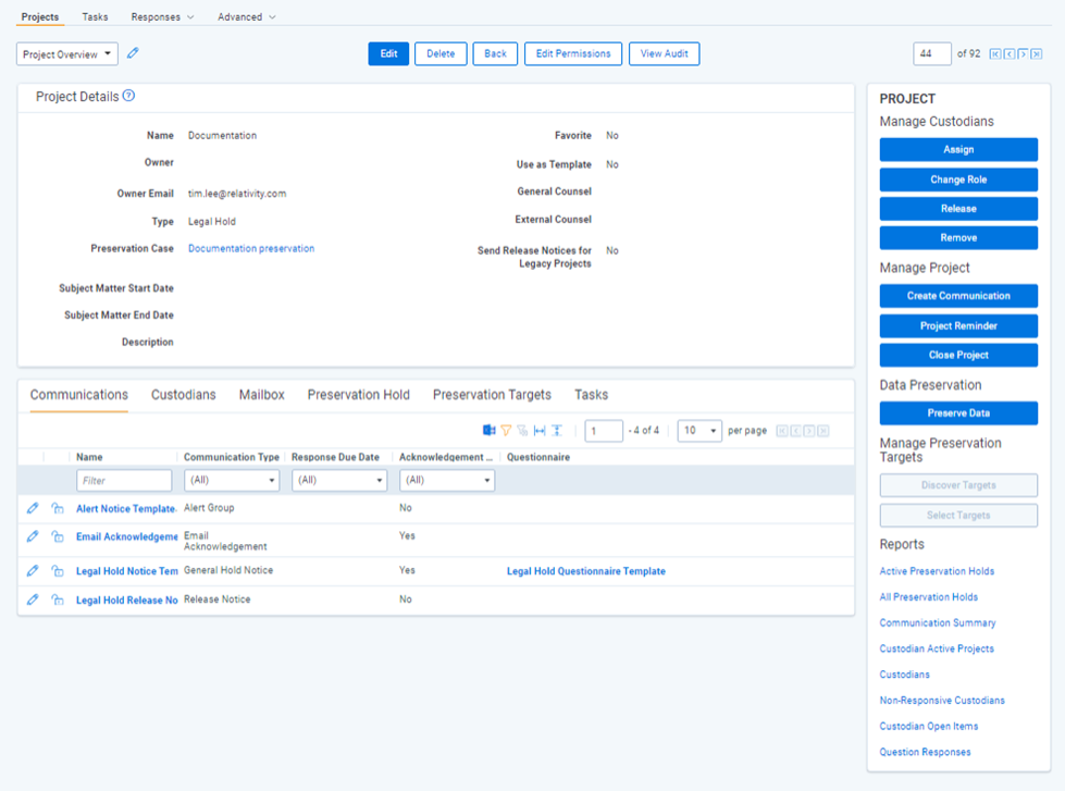 The Legal Hold Project Details page with both preservation apps installed.