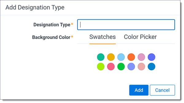 The Add Designation type modal with the Swatches tab selected.