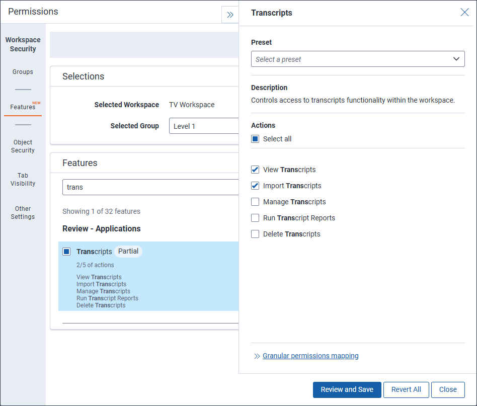The feature permissions needed to use upload transcripts are selected.
