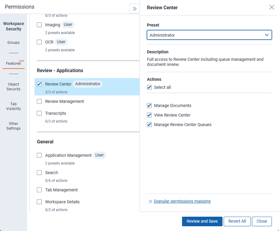 Feature permissions for Review Center
