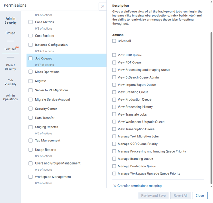 Features tab Actions list