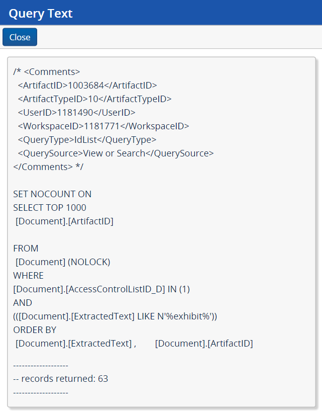 The Query Text pop-up window on the History tab.