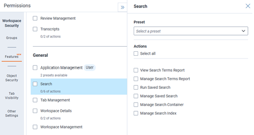Workspace level Features tab in Permissions for Search