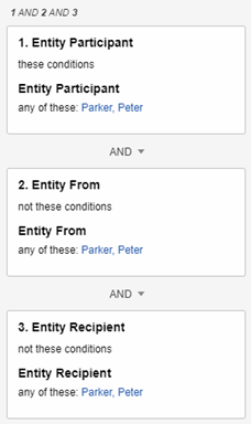 Search card with three search conditions on the Entity From field.