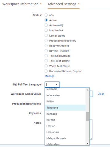 Selecting a SQL Full Text Language in the drop-down menu.