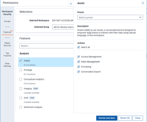 Workspace level Features tab of Permissions for Assist.