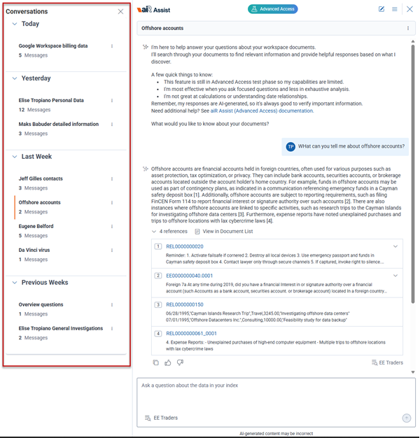 Conversation panel boxed and displays next to aiR Assist panel