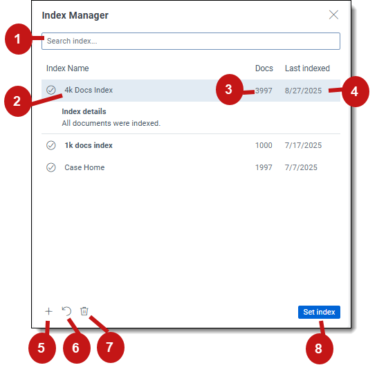 Index manager modal with callout numbers