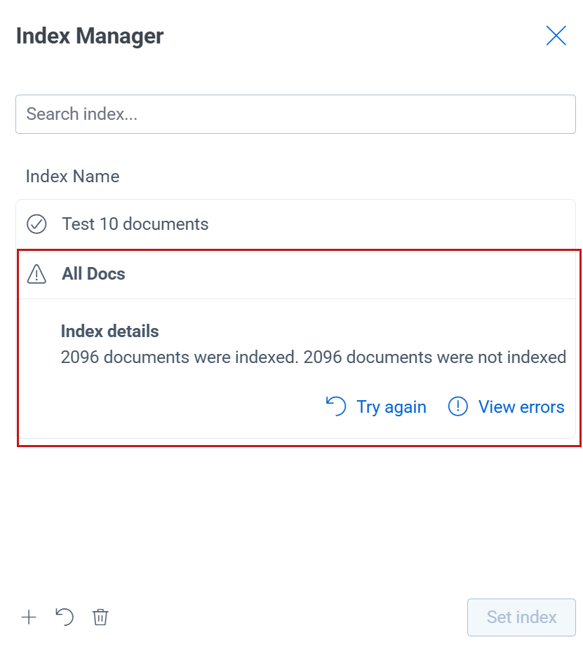 Index manager showing error details for a indexed saved search.