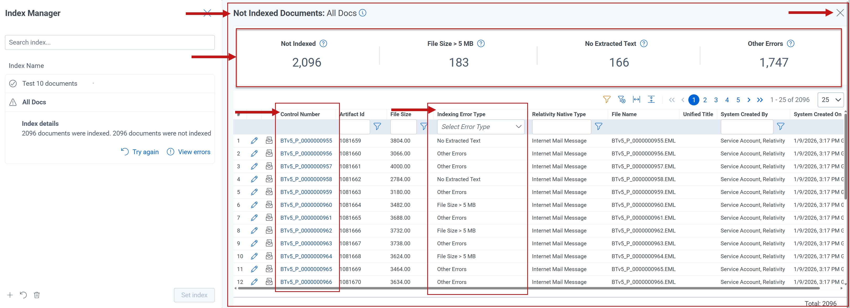 Index errors list showing name of selected index, indexing error type panel, control number colum, and indexing error type column.