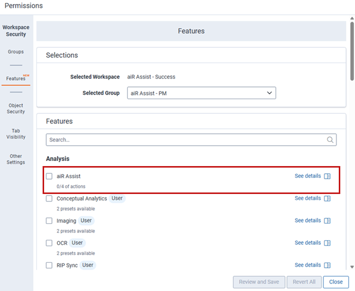 Permissions Features Tab highlighting aiR Assist option