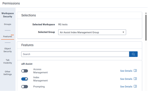 Features tab within Workspace Security Permissions showing aiR Assist permissions