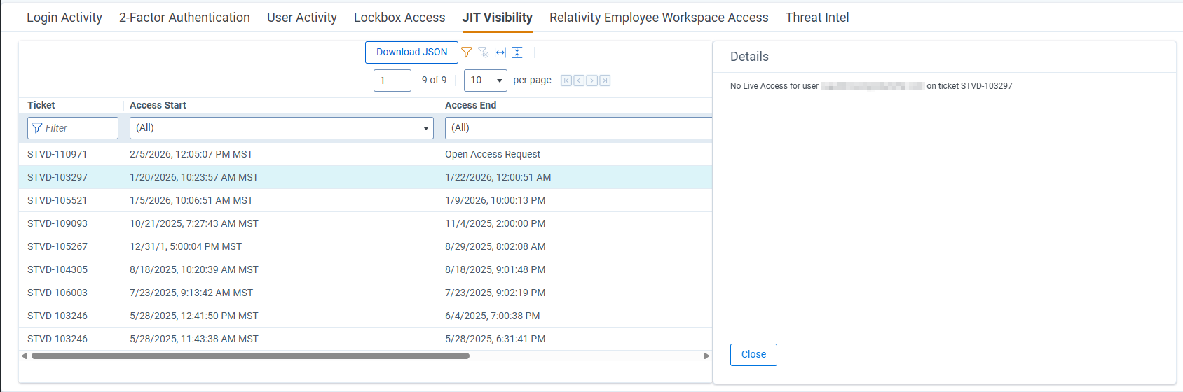 JIT visibility detail window