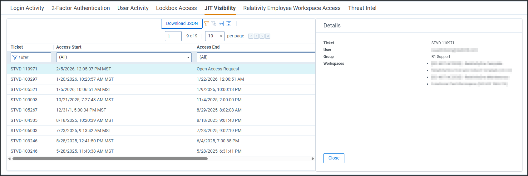 JIT details window access metadata