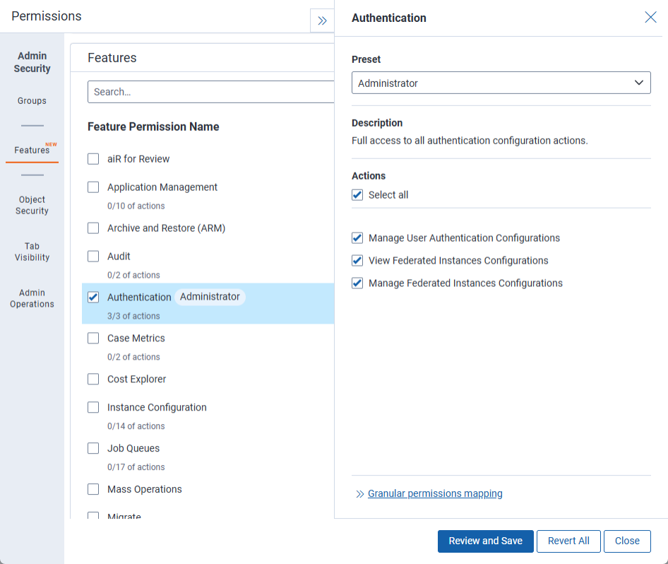 Feature permissions actions for Authentication