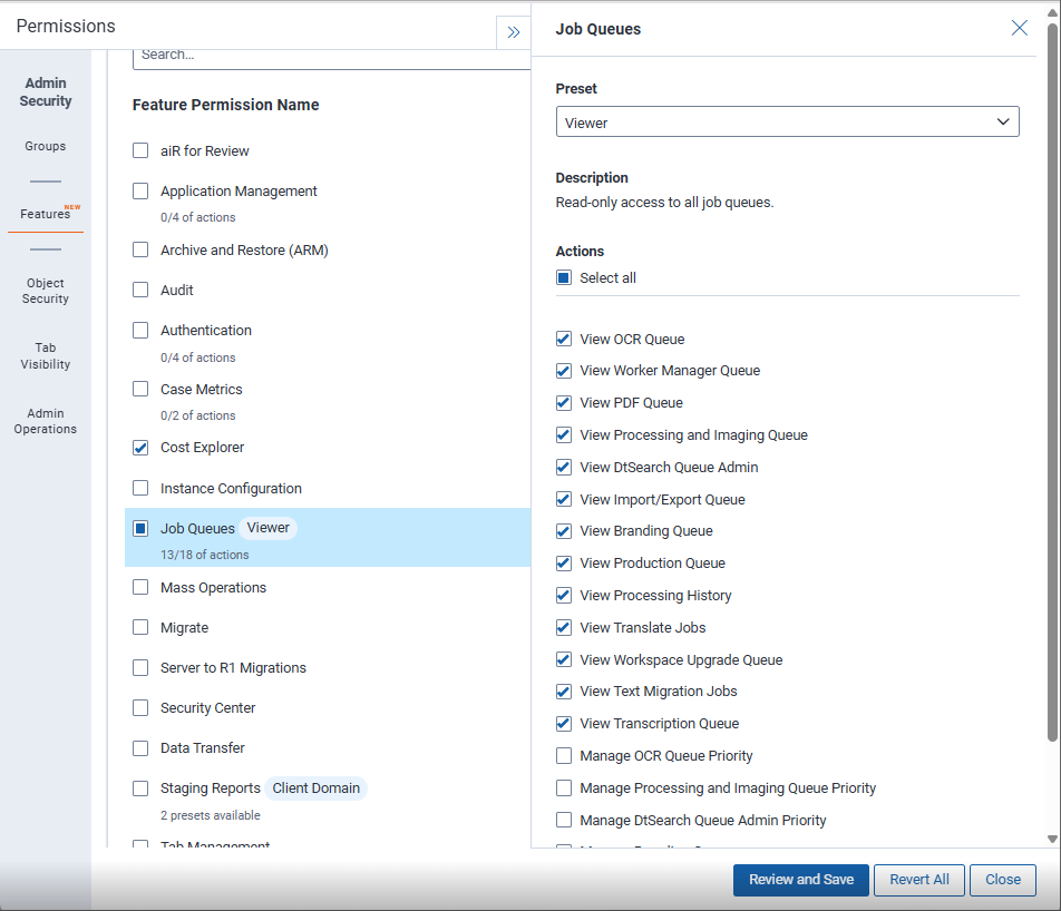Feature Actions window for Queue Management (Job Queues)