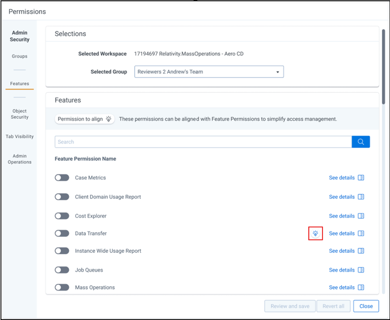 permissions that are out of alignment indicated by a blue light bulb icon